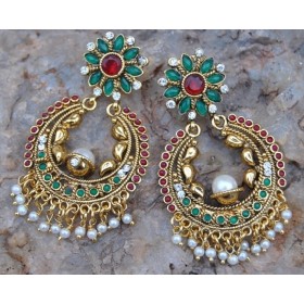 Red and Green Kemp Floral Chand Bali